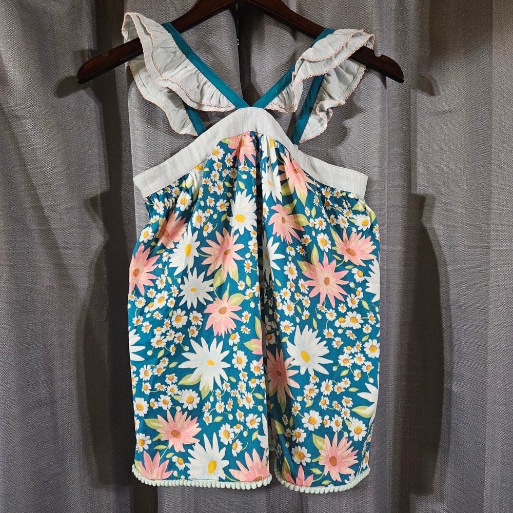 Matilda Jane Girls Teal Pink Daisy Floral Ruffle Pom Pom Sundress Size 12 NWT